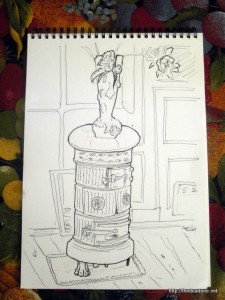 An ink sketch of one of the really old boilers in the house